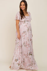 Light Pink Floral Chiffon Smocked Short Sleeve Maternity Maxi Dress