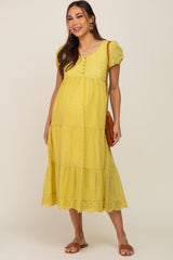 Lime Eyelet Button Front Tiered Scalloped Hem Maternity Midi Dress