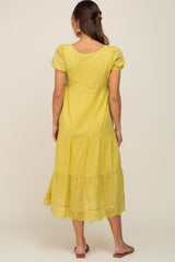 Lime Eyelet Button Front Tiered Scalloped Hem Maternity Midi Dress