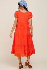 Coral Eyelet Button Front Tiered Scalloped Hem Midi Dress