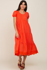 Coral Eyelet Button Front Tiered Scalloped Hem Midi Dress