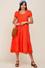 Coral Eyelet Button Front Tiered Scalloped Hem Maternity Midi Dress