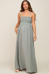 Light Olive Smocked Sleeveless Maternity Maxi Dress