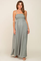 Light Olive Smocked Sleeveless Maternity Maxi Dress