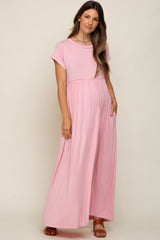 Light Pink Short Sleeve Pocketed Maternity Maxi Dress