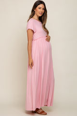 Light Pink Short Sleeve Pocketed Maternity Maxi Dress