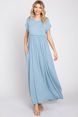 Light Blue Short Sleeve Pocketed Maternity Maxi Dress