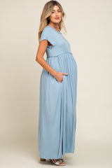 Light Blue Short Sleeve Pocketed Maternity Maxi Dress