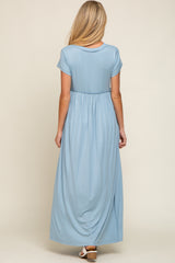 Light Blue Short Sleeve Pocketed Maternity Maxi Dress