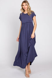 Navy Short Sleeve Pocketed Maxi Dress