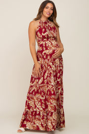 Burgundy Palm Open Back Halter Tiered Maternity Maxi Dress