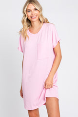 Light Pink Ribbed Front Pocket Dolman Short Sleeve Dress