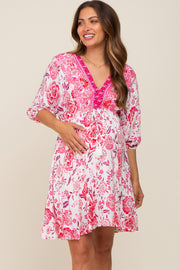 Magenta Floral Border Print Maternity Dress