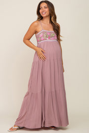 Mauve Floral Embroidery Maternity Maxi Dress