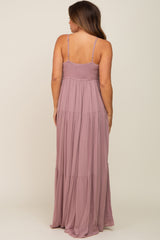 Mauve Floral Embroidery Maternity Maxi Dress