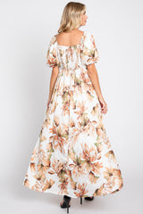 Cream Floral Satin Puff Sleeve Maxi Dress