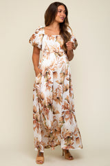 Cream Floral Satin Puff Sleeve Maternity Maxi Dress