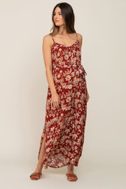 Rust Floral Waist Tie Slit Side Maternity Jumpsuit