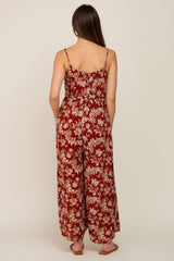 Rust Floral Waist Tie Slit Side Maternity Jumpsuit