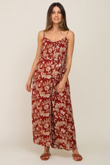 Rust Floral Waist Tie Slit Side Maternity Jumpsuit