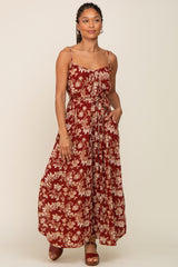 Rust Floral Waist Tie Slit Side Maternity Jumpsuit