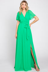 Green Chiffon Short Sleeve Wrap V-Neck Front Slit Maternity Maxi Dress