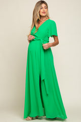 Green Chiffon Short Sleeve Wrap V-Neck Front Slit Maternity Maxi Dress