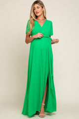 Green Chiffon Short Sleeve Wrap V-Neck Front Slit Maternity Maxi Dress