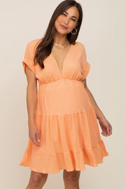 Peach V-Neck Tiered Cutout Back Maternity Dress