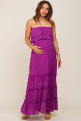 Purple Chiffon Strapless Ruffle Tiered Maternity Maxi Dress