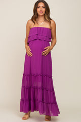 Purple Chiffon Strapless Ruffle Tiered Maternity Maxi Dress