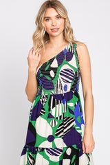 Green Printed One Shoulder Tiered Maxi Dress