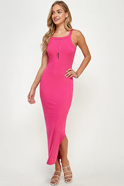 Fuchsia Ribbed Fitted Side Slit Midi Dress