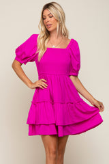 Magenta Puff Sleeve Ruffle Accent Dress