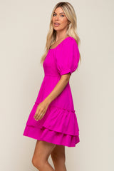 Magenta Puff Sleeve Ruffle Accent Dress