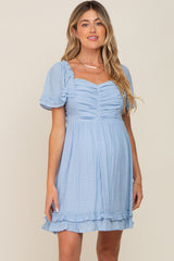 Light Blue Pleated Ruffle Maternity Dress