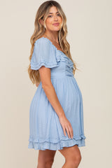 Light Blue Pleated Ruffle Maternity Dress