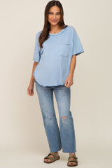 Light Blue Front Pocket Raw Edge Trim Short Sleeve Maternity Top