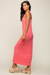 Coral Ribbed Sleeveless Maxi Dress