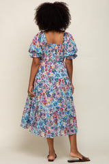 Blue Floral Shimmer Chiffon Ruffle Square Neck Smocked Midi Dress