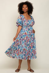 Blue Floral Shimmer Chiffon Ruffle Square Neck Smocked Midi Dress