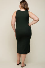 Forest Green Basic Ribbed Side Slit Maternity Plus Midi Dress