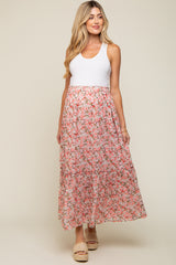 Pink Smocked Waist Tiered Maternity Maxi Skirt