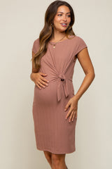 Mocha Ribbed Waist Tie Maternity Dress