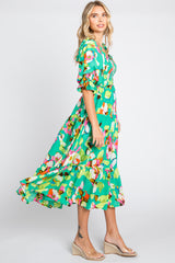 Green Floral Puff Sleeve Midi Dress