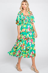 Green Floral Puff Sleeve Midi Dress