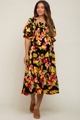 Black Floral Puff Sleeve Maternity Midi Dress