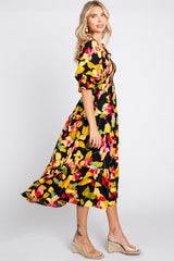 Black Floral Puff Sleeve Midi Dress