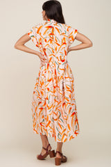 Peach Printed Button Down Collared Tiered Midi Dress