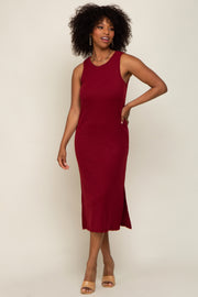 Burgundy Basic Ribbed Side Slit Midi Dress